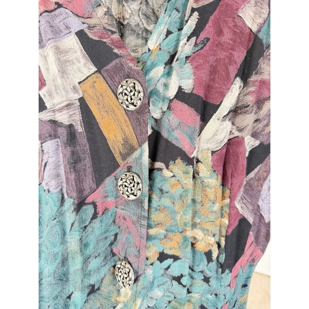 Vintage La Belle Abstract Floral Rayon Dress Size 13 Ornate Silver Tone Buttons